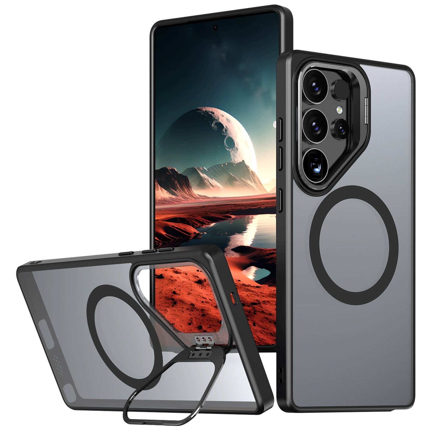 📱Samsung Magnetic Matte Case | Crystal Armor Lens Frame with Hidden Stand✨